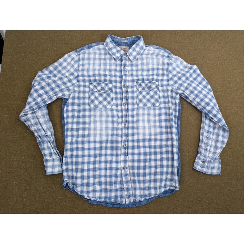 Guess‎ shirt adult L blue white button up check linen blend regular fit mens